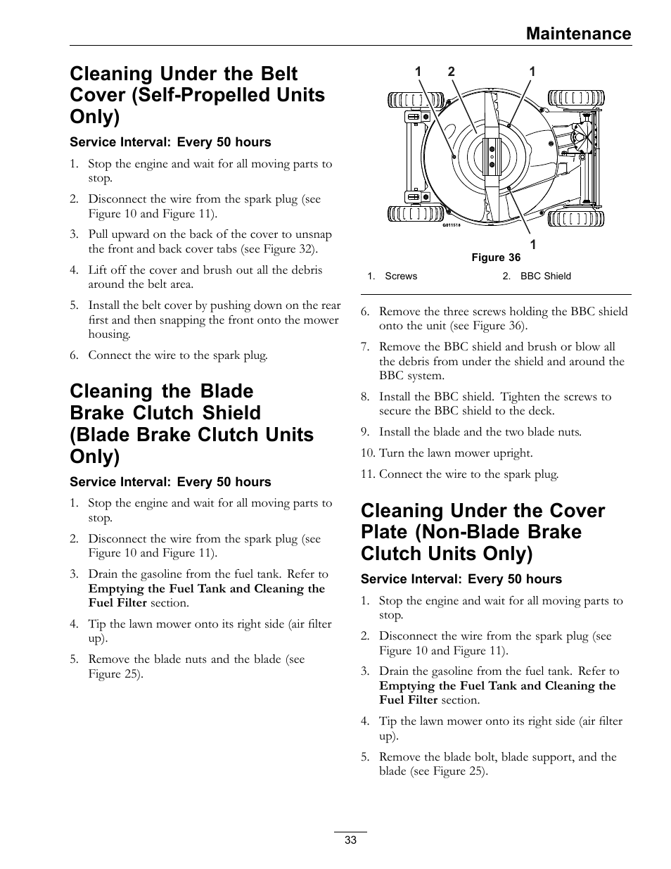 Cleaning under the belt cover, Self-propelled units only), Cleaning the blade brake clutch shield | Blade brake clutch units only), Cleaning under the cover plate, Non-blade brake clutch units only), Maintenance | Exmark Commercial 21 850 User Manual | Page 33 / 40