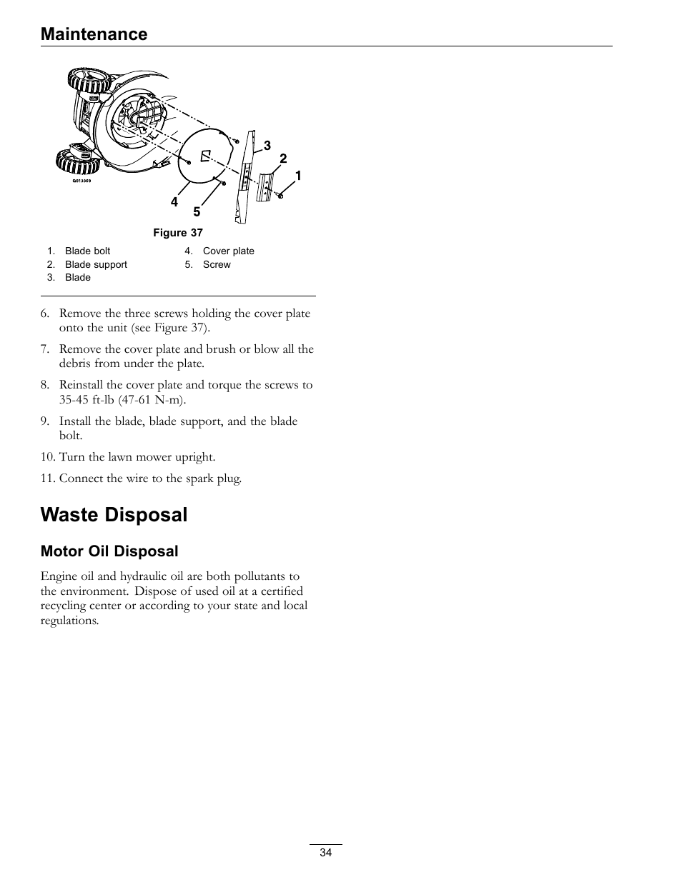 Waste disposal, Maintenance, Motor oil disposal | Exmark Commercial 21 850 User Manual | Page 34 / 40