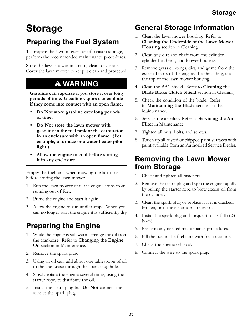 Storage, Preparing the fuel system, Warning | Preparing the engine, General storage information, Removing the lawn mower from storage | Exmark Commercial 21 850 User Manual | Page 35 / 40