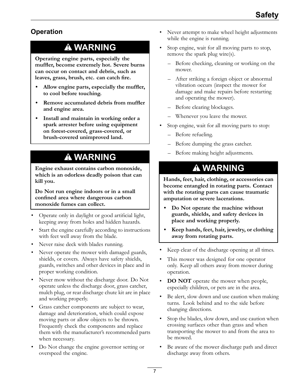 Warning, Safety | Exmark Commercial 21 850 User Manual | Page 7 / 40