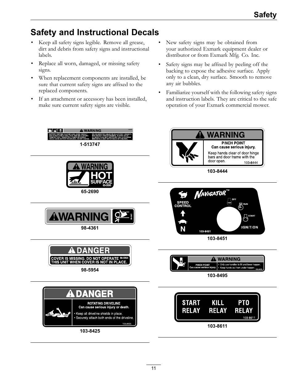 Safety and instructional decals, Safety | Exmark Navigator 0 User Manual | Page 11 / 48