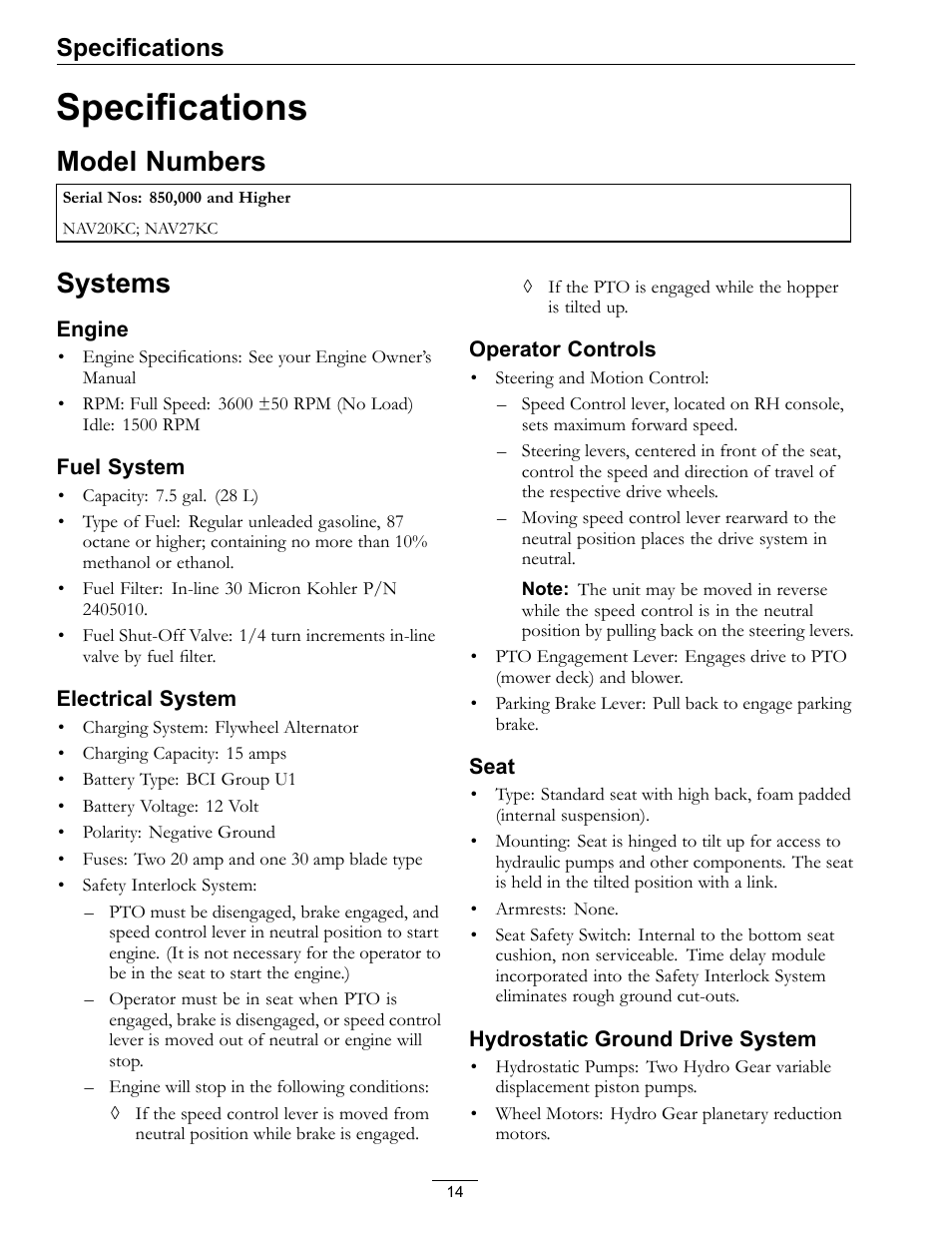 Specifications, Model numbers systems, Model numbers | Systems | Exmark Navigator 0 User Manual | Page 14 / 48
