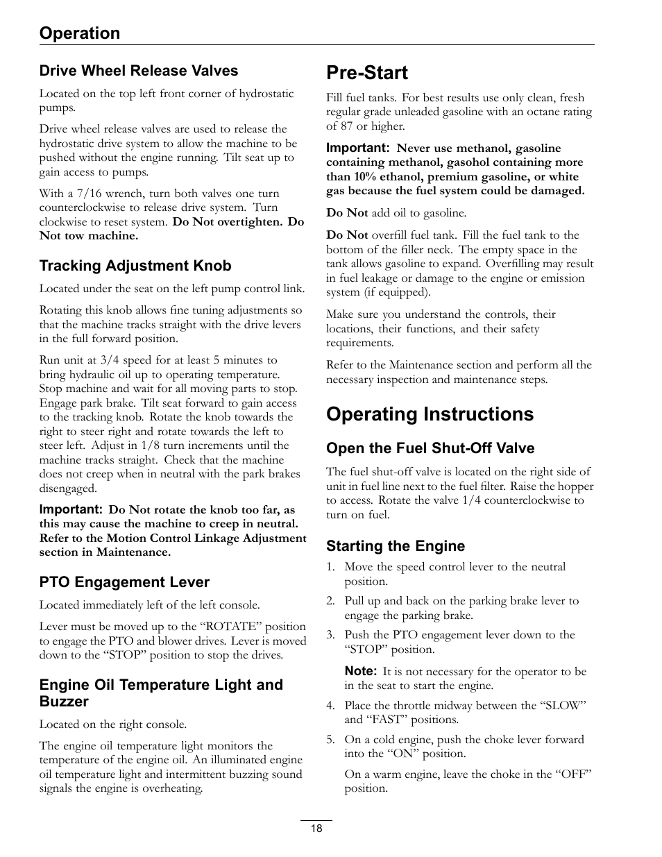 Pre-start operating instructions, Pre-start, Operating instructions | Operation | Exmark Navigator 0 User Manual | Page 18 / 48