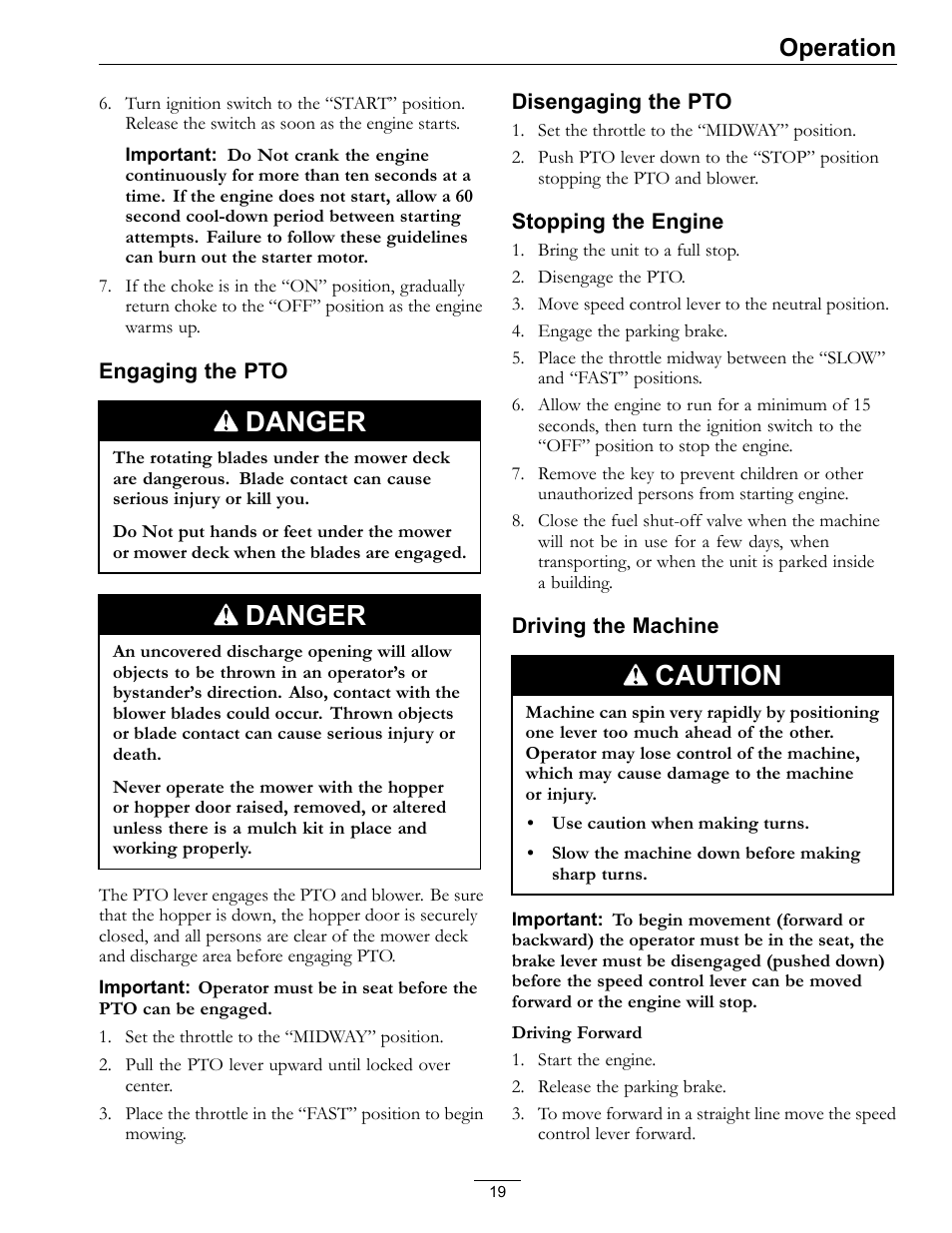 Danger, Caution, Operation | Exmark Navigator 0 User Manual | Page 19 / 48