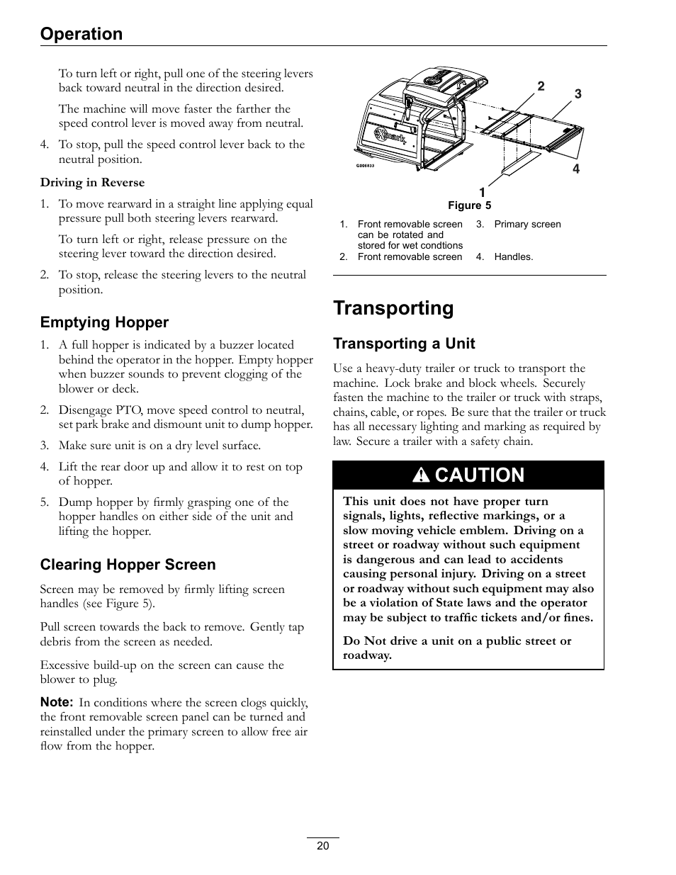 Transporting, Caution, Operation | Exmark Navigator 0 User Manual | Page 20 / 48