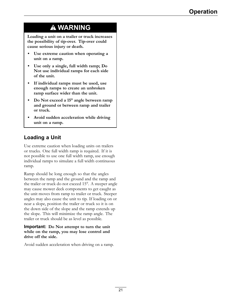 Warning, Operation | Exmark Navigator 0 User Manual | Page 21 / 48