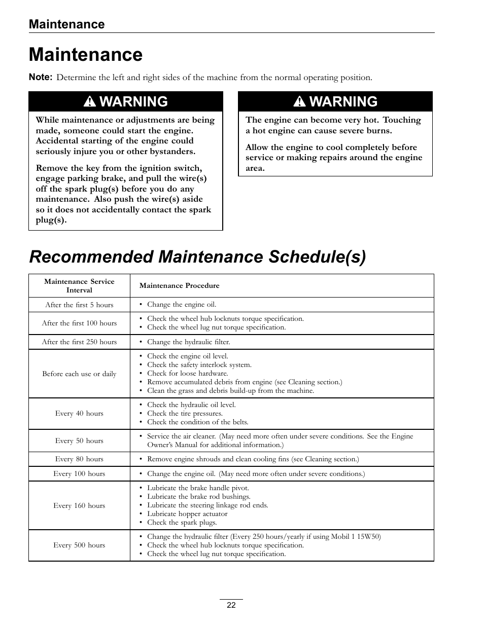 Maintenance, Recommended maintenance schedule(s), Warning | Exmark Navigator 0 User Manual | Page 22 / 48