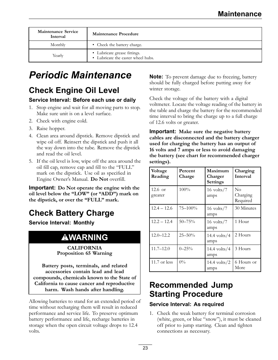 Periodic maintenance, Check engine oil level check battery charge, Check engine oil level | Check battery charge, Warning, Recommended jump starting procedure, Maintenance | Exmark Navigator 0 User Manual | Page 23 / 48