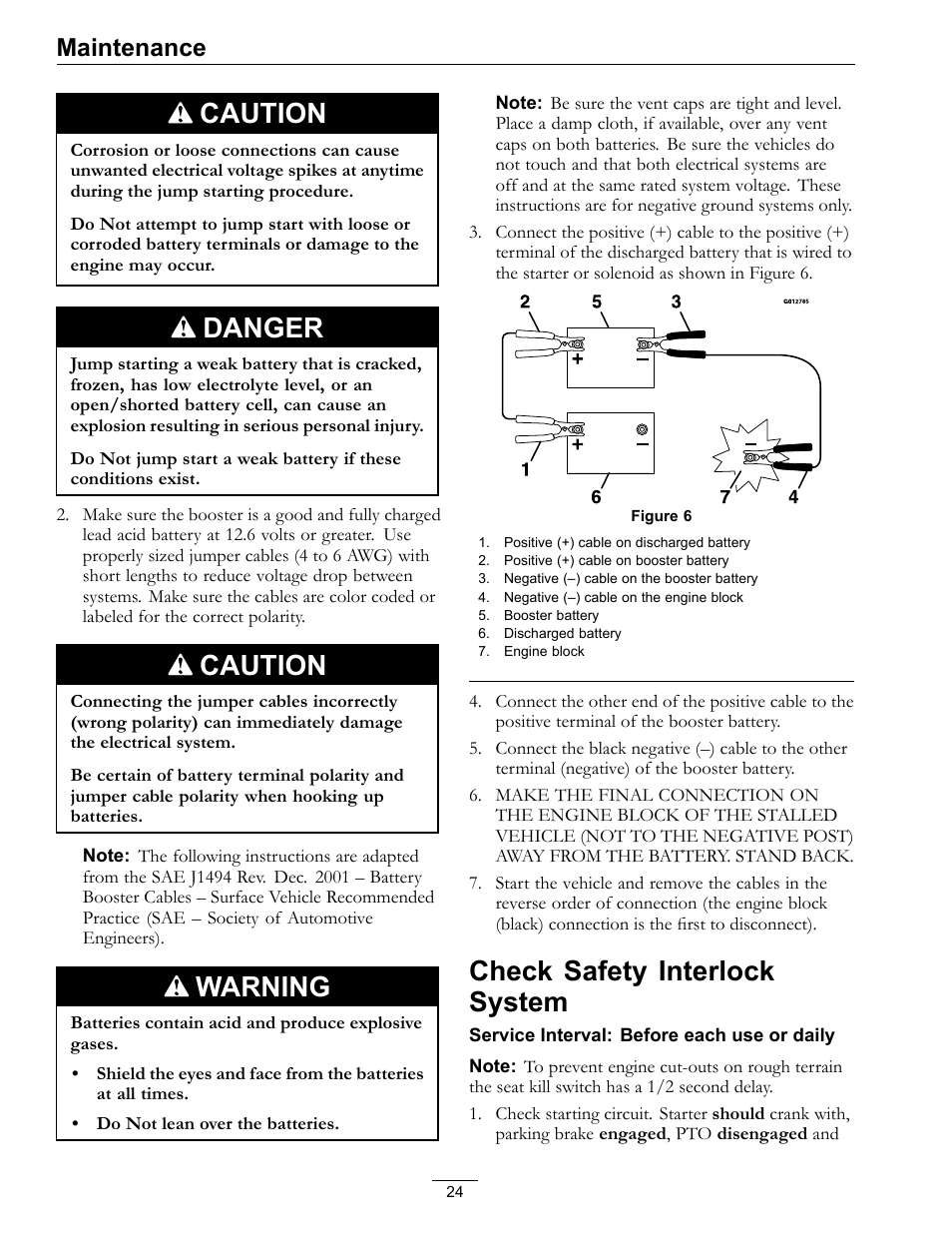 Check safety interlock system, Caution, Danger | Warning, Maintenance | Exmark Navigator 0 User Manual | Page 24 / 48