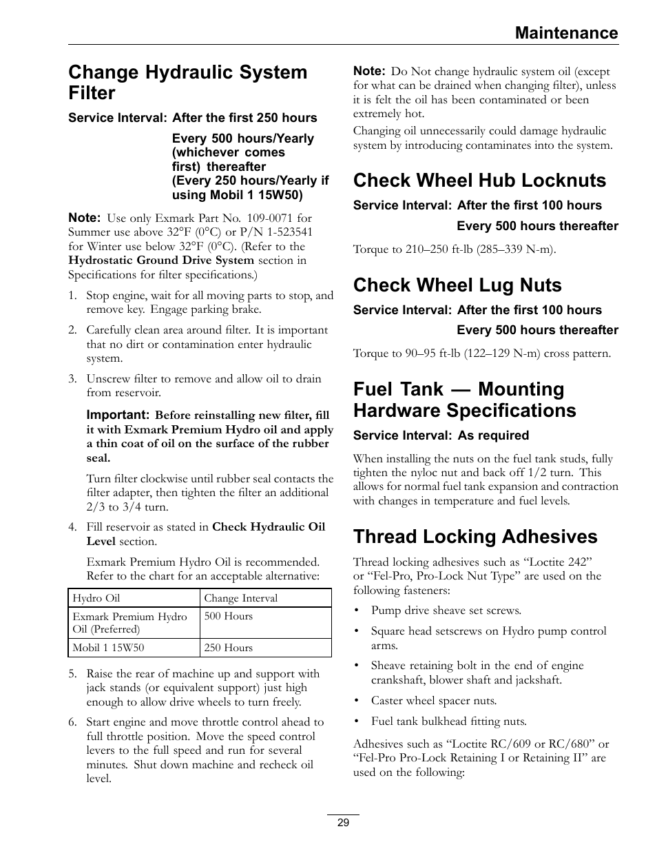 Change hydraulic system filter, Check wheel hub locknuts, Check wheel lug nuts | Fuel tank — mounting hardware specifications, Thread locking adhesives, Maintenance | Exmark Navigator 0 User Manual | Page 29 / 48