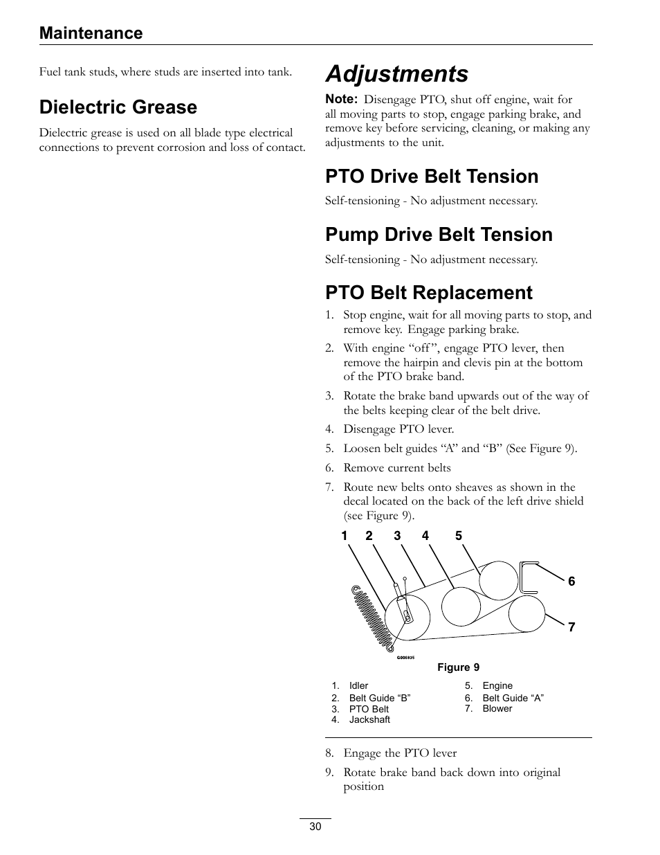 Dielectric grease, Adjustments, Pto drive belt tension | Pump drive belt tension, Pto belt replacement, Maintenance | Exmark Navigator 0 User Manual | Page 30 / 48