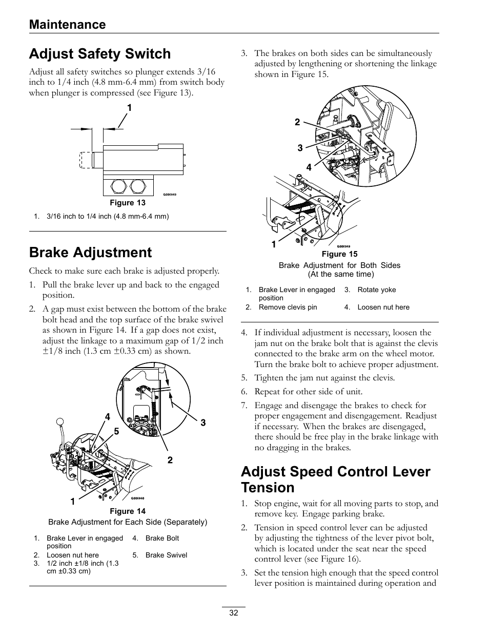 Adjust safety switch, Brake adjustment, Adjust speed control lever tension | Maintenance | Exmark Navigator 0 User Manual | Page 32 / 48