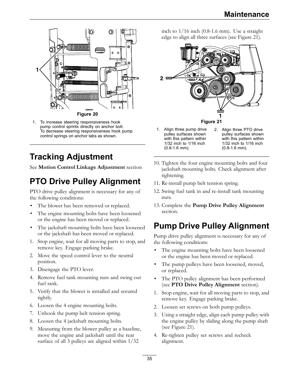 Tracking adjustment, Pto drive pulley alignment, Pump drive pulley alignment | Maintenance | Exmark Navigator 0 User Manual | Page 35 / 48