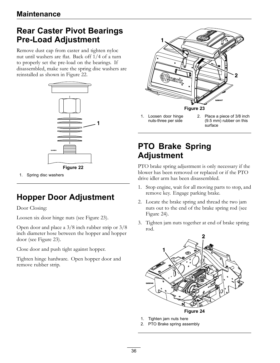 Rear caster pivot bearings pre-load, Adjustment, Hopper door adjustment pto brake spring adjustment | Rear caster pivot bearings pre-load adjustment, Hopper door adjustment, Pto brake spring adjustment, Maintenance | Exmark Navigator 0 User Manual | Page 36 / 48