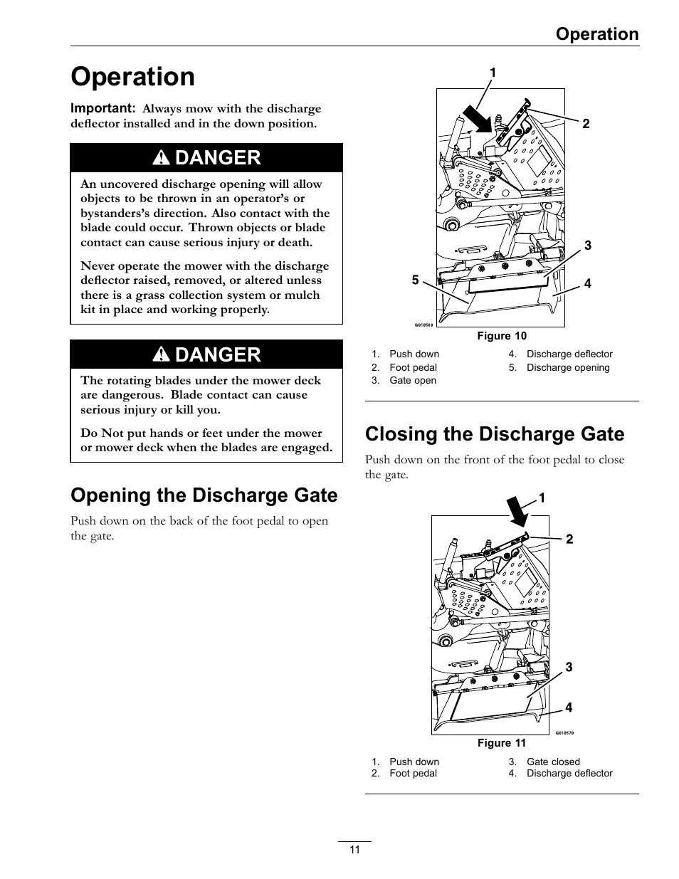 Operation, Danger, Opening the discharge gate | Closing the discharge gate | Exmark OCD02 User Manual | Page 11 / 16