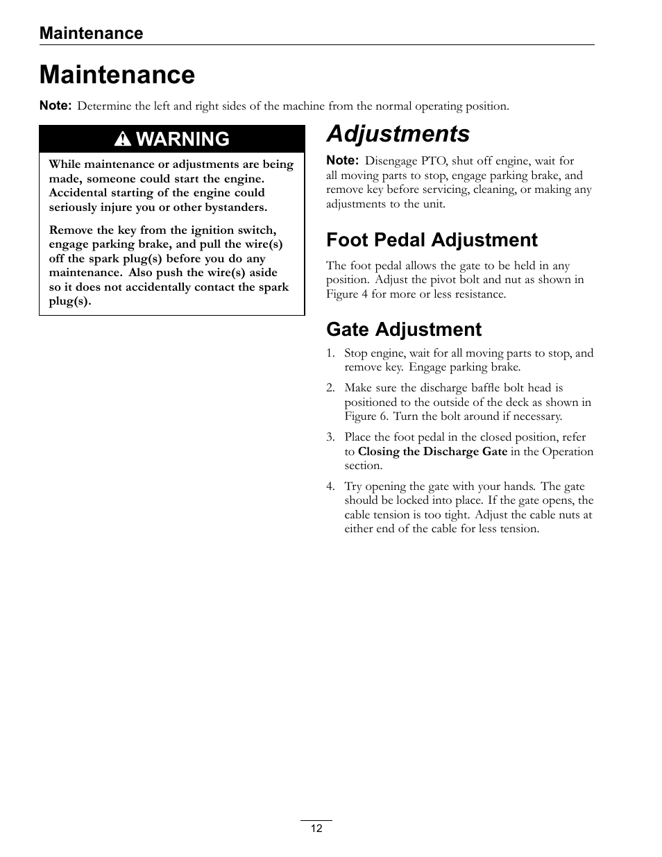 Maintenance, Adjustments, Foot pedal adjustment gate adjustment | Warning, Foot pedal adjustment, Gate adjustment | Exmark OCD02 User Manual | Page 12 / 16