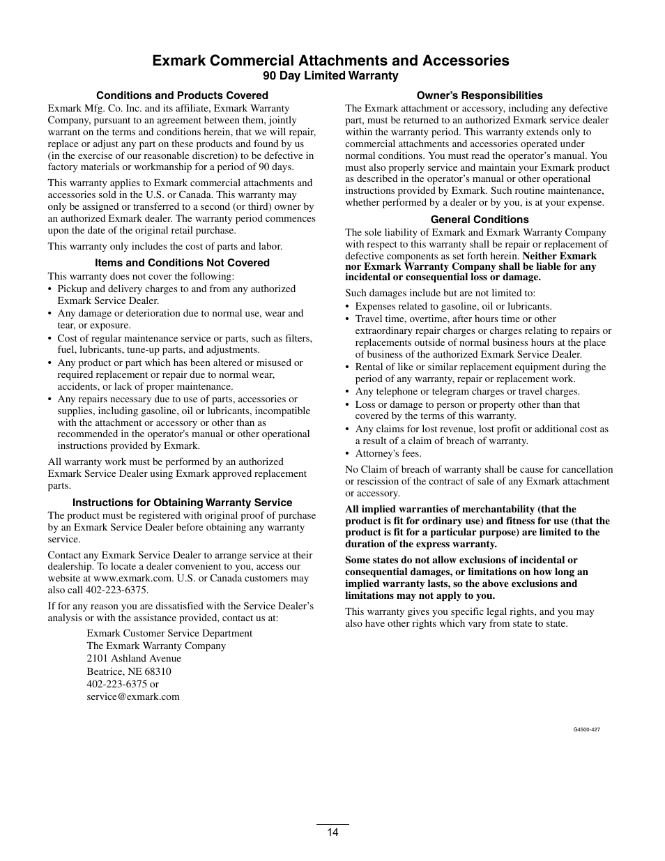 Exmark commercial attachments and accessories | Exmark OCD02 User Manual | Page 14 / 16