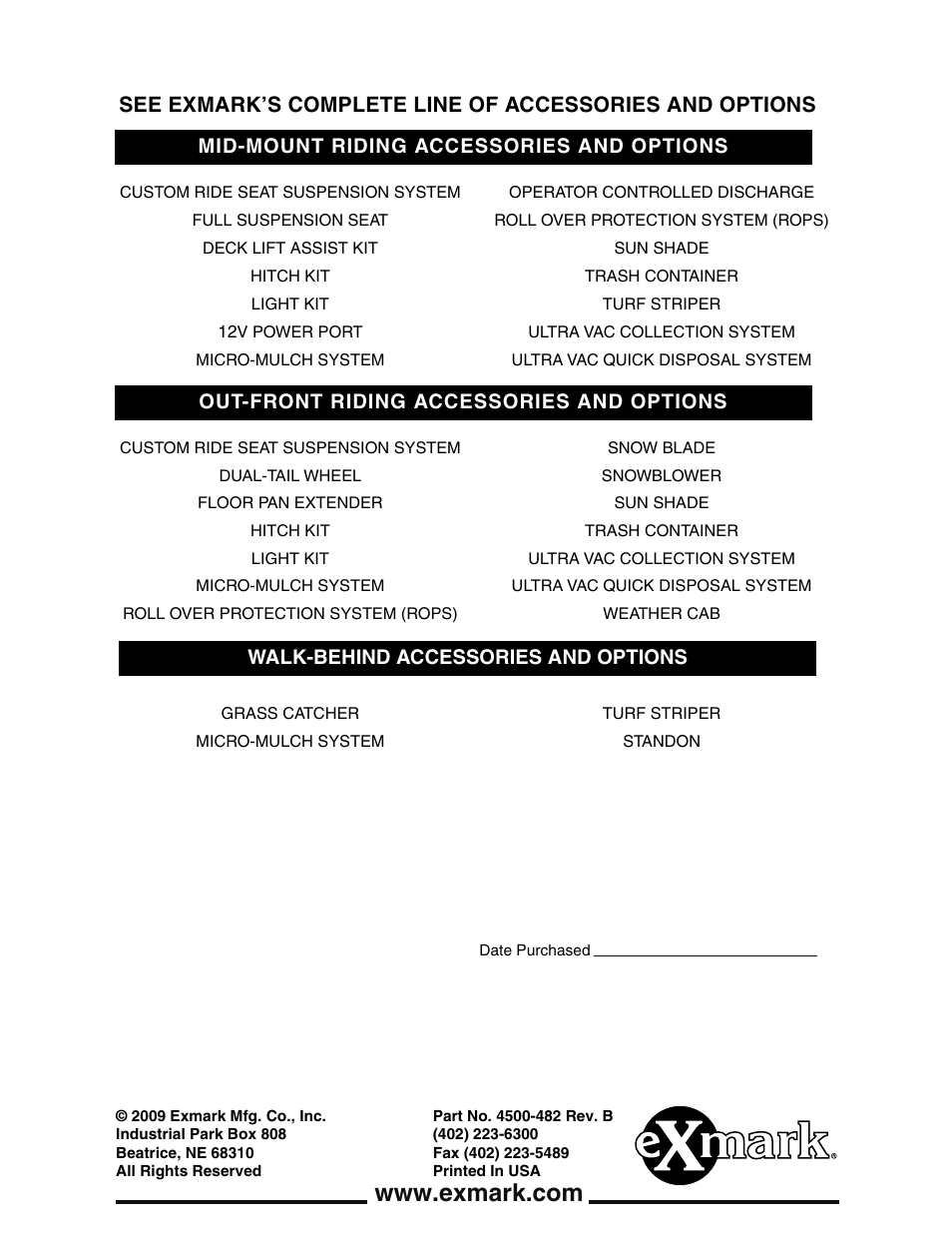 Mid-mount riding accessories and options, Walk-behind accessories and options, Out-front riding accessories and options | Exmark OCD02 User Manual | Page 16 / 16