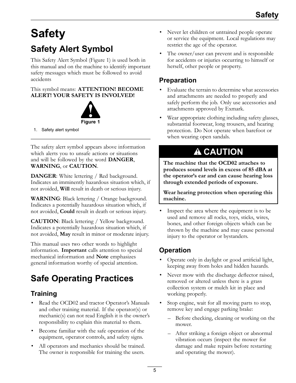 Safety, Safety alert symbol safe operating practices, Safety alert symbol | Safe operating practices, Caution | Exmark OCD02 User Manual | Page 5 / 16