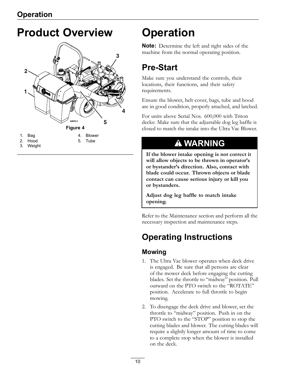 Product overview operation, Pre-start operating instructions, Product overview | Pre-start, Warning, Operating instructions, Operation | Exmark ULTRA VAC LAZER Z HP User Manual | Page 10 / 24