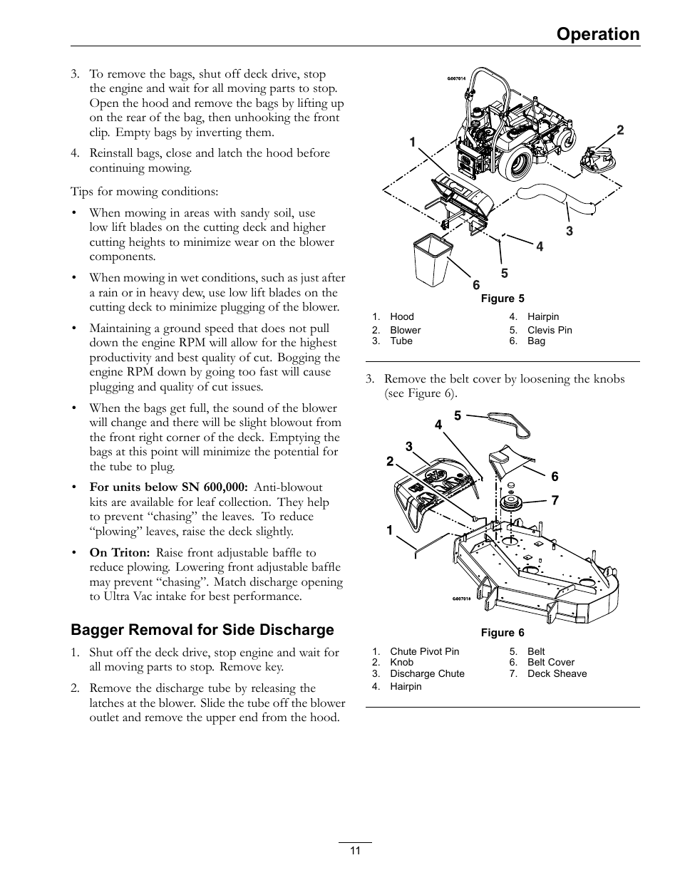 Operation, Bagger removal for side discharge | Exmark ULTRA VAC LAZER Z HP User Manual | Page 11 / 24