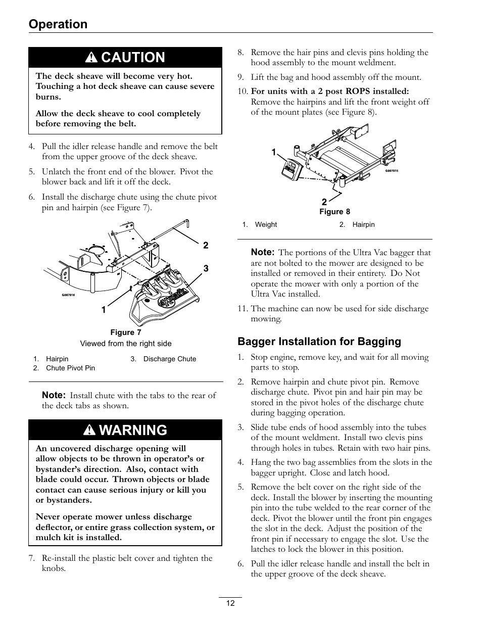 Caution, Warning, Operation | Bagger installation for bagging | Exmark ULTRA VAC LAZER Z HP User Manual | Page 12 / 24