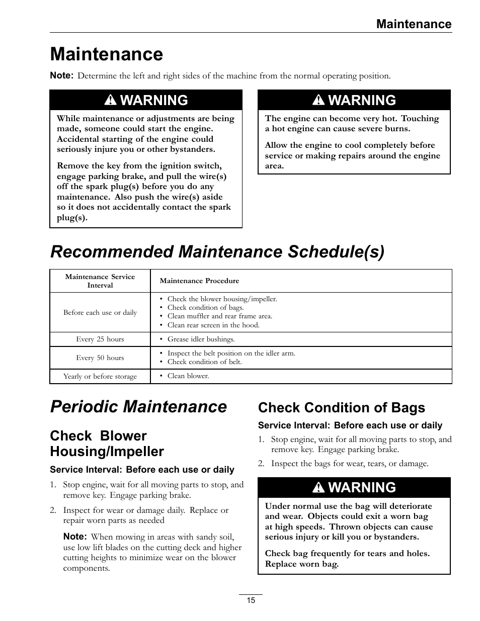 Maintenance, Recommended maintenance schedule(s), Periodic maintenance | Warning, Check blower housing/impeller, Check condition of bags | Exmark ULTRA VAC LAZER Z HP User Manual | Page 15 / 24