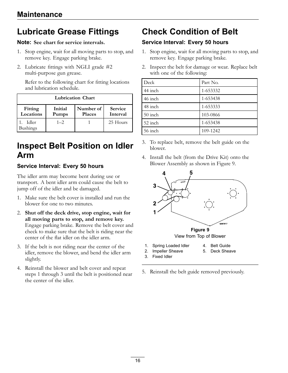 Lubricate grease fittings, Inspect belt position on idler arm, Check condition of belt | Maintenance | Exmark ULTRA VAC LAZER Z HP User Manual | Page 16 / 24