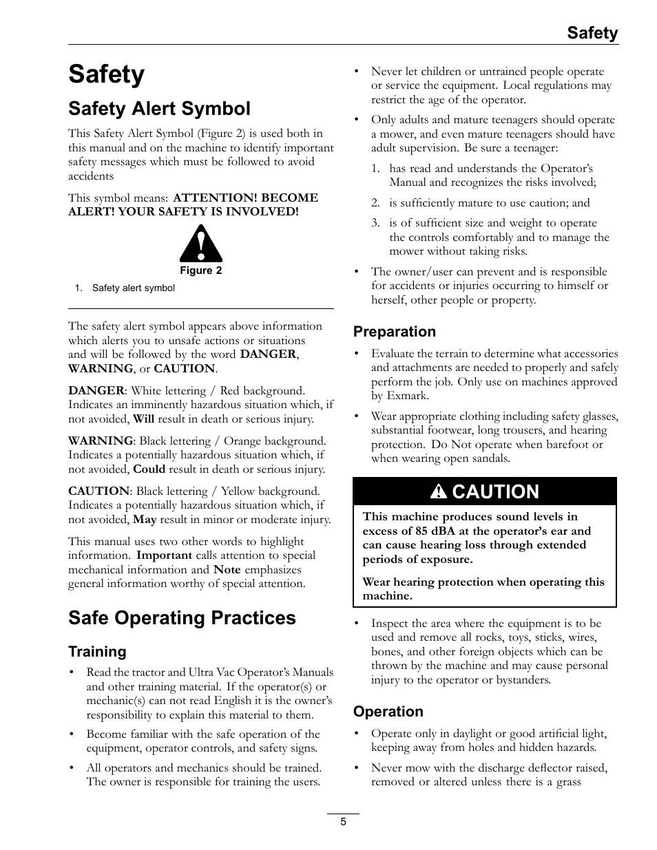 Safety, Safety alert symbol safe operating practices, Safety alert symbol | Safe operating practices, Caution | Exmark ULTRA VAC LAZER Z HP User Manual | Page 5 / 24