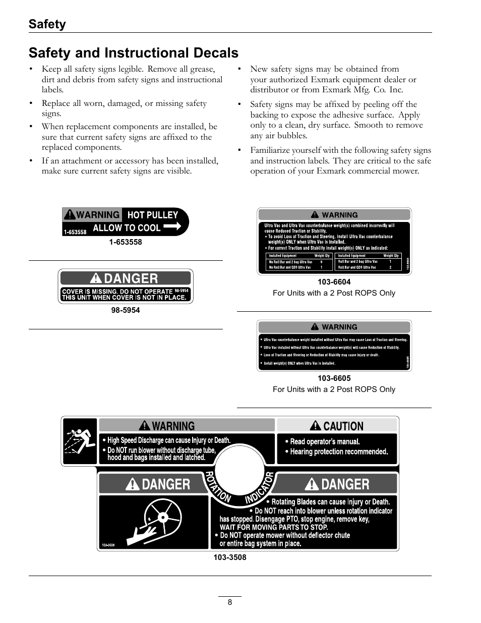 Safety and instructional decals, Safety | Exmark ULTRA VAC LAZER Z HP User Manual | Page 8 / 24
