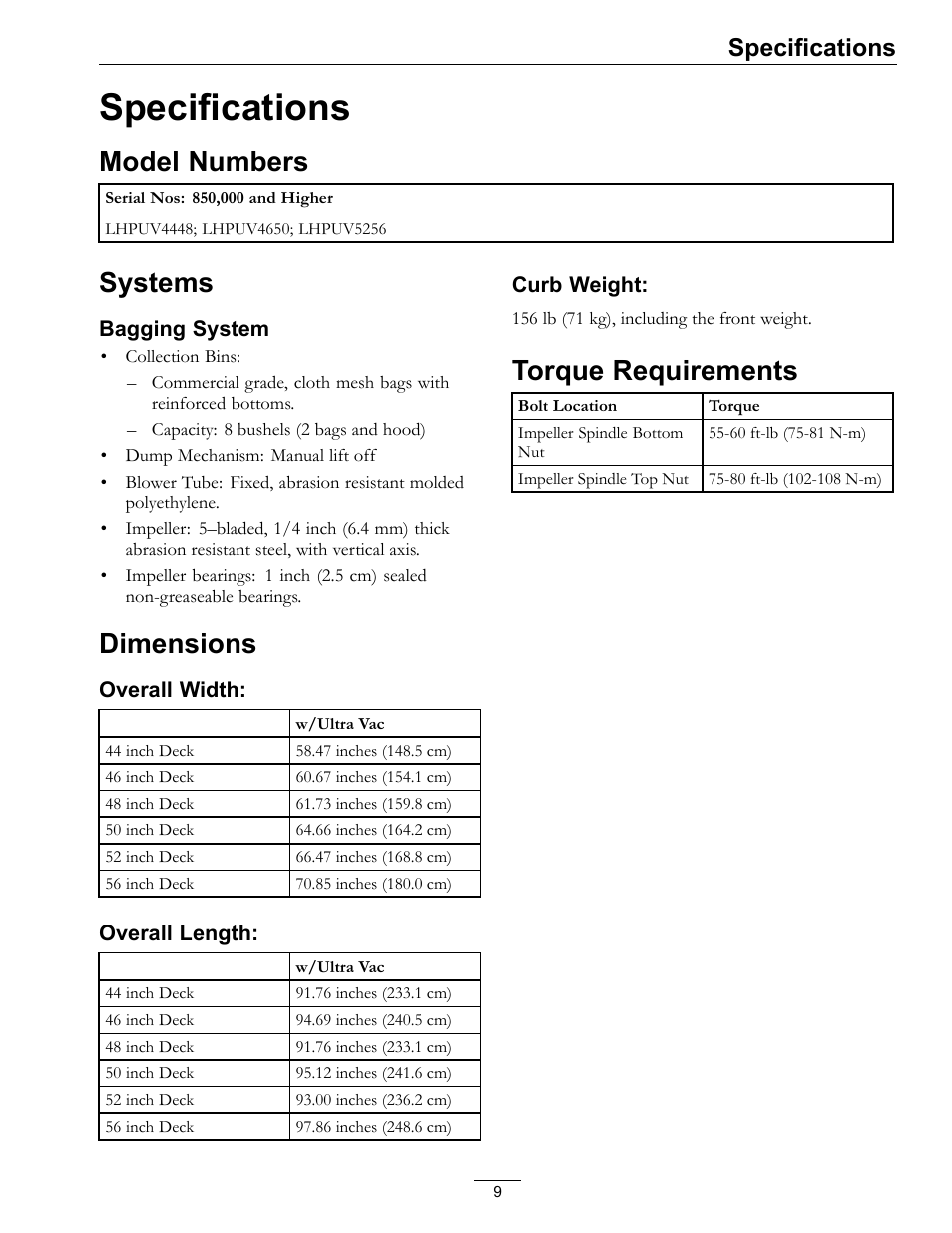 Specifications, Model numbers, Systems | Dimensions, Torque requirements | Exmark ULTRA VAC LAZER Z HP User Manual | Page 9 / 24