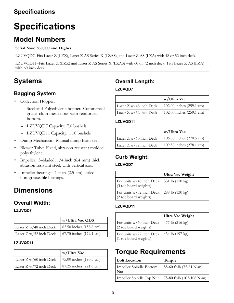 Specifications, Model numbers, Systems | Dimensions, Torque requirements | Exmark Ultra Vac QDS 00 & Higher User Manual | Page 10 / 32