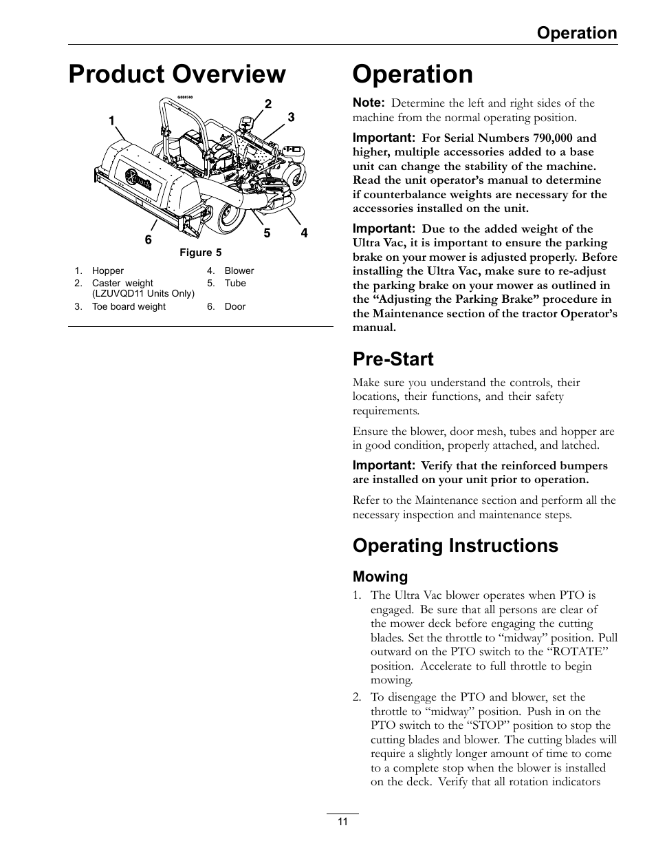 Product overview operation, Pre-start operating instructions, Product overview | Pre-start, Operating instructions, Operation | Exmark Ultra Vac QDS 00 & Higher User Manual | Page 11 / 32