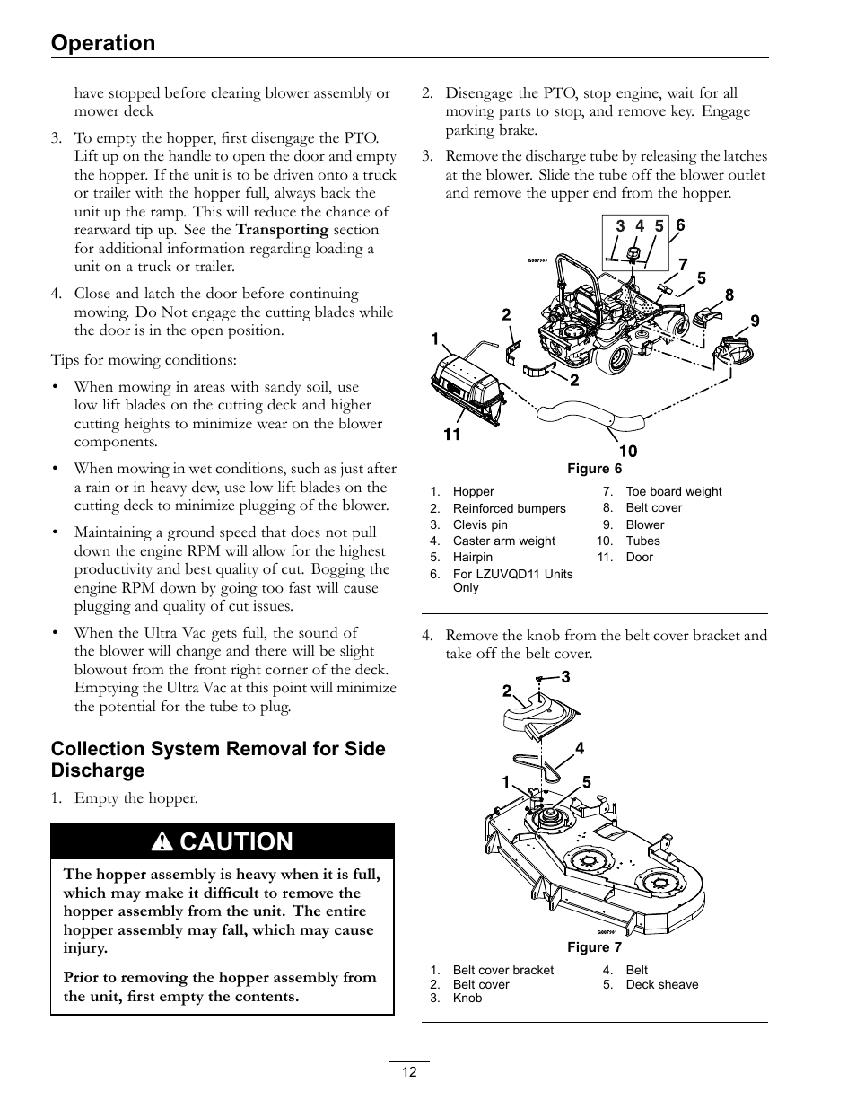 Caution, Operation, Collection system removal for side discharge | Exmark Ultra Vac QDS 00 & Higher User Manual | Page 12 / 32