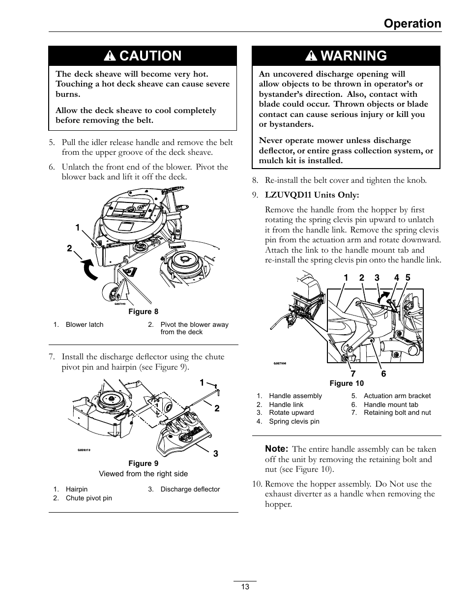 Caution, Warning, Operation | Exmark Ultra Vac QDS 00 & Higher User Manual | Page 13 / 32