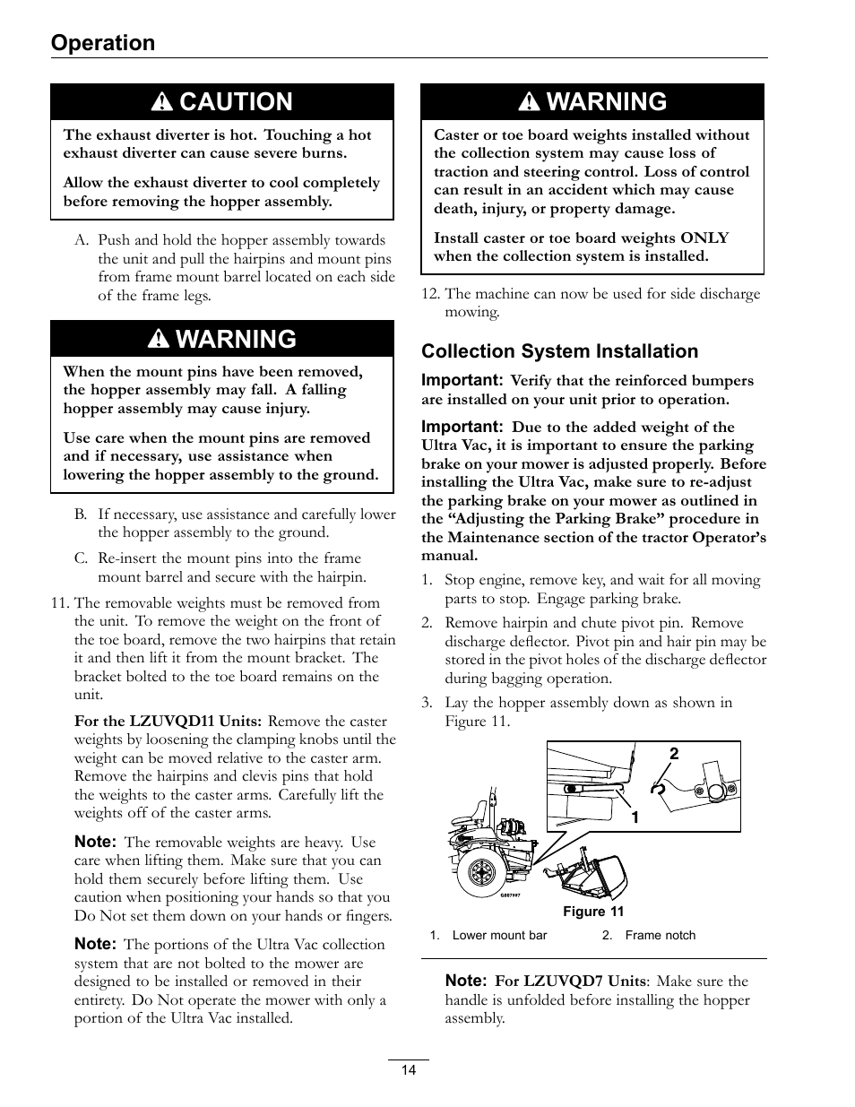 Caution, Warning, Operation | Exmark Ultra Vac QDS 00 & Higher User Manual | Page 14 / 32