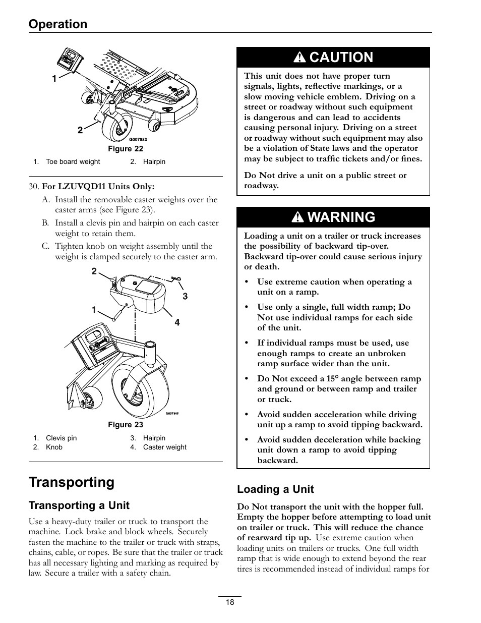 Transporting, Caution, Warning | Operation, Transporting a unit, Loading a unit | Exmark Ultra Vac QDS 00 & Higher User Manual | Page 18 / 32