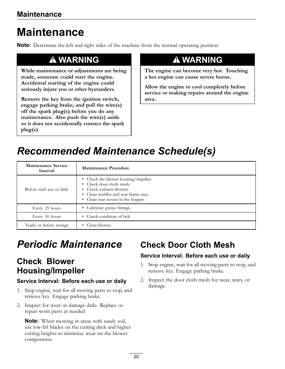 Maintenance, Recommended maintenance schedule(s), Periodic maintenance | Warning, Check blower housing/impeller, Check door cloth mesh | Exmark Ultra Vac QDS 00 & Higher User Manual | Page 20 / 32