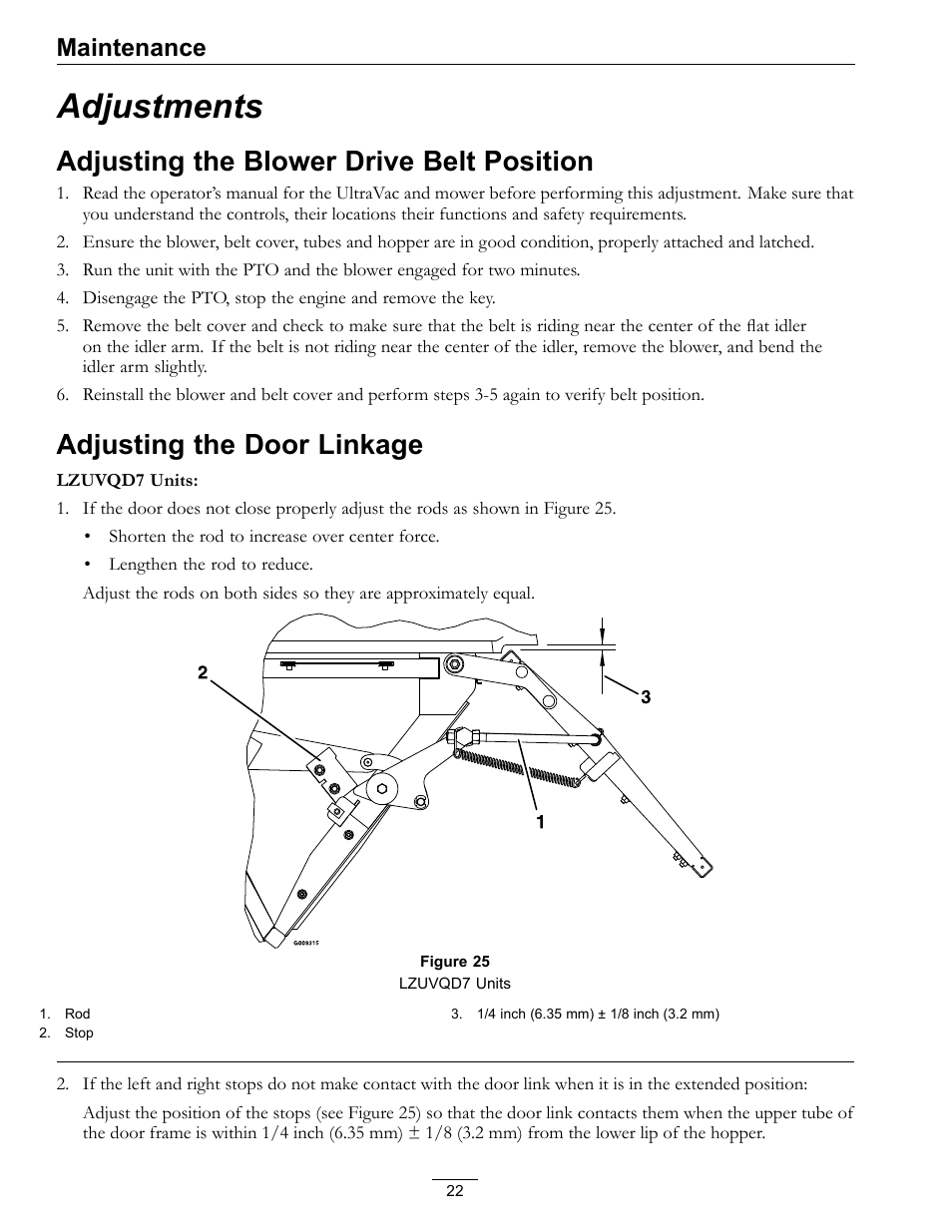 Adjustments, Adjusting the blower drive belt, Position | Adjusting the door linkage, Adjusting the blower drive belt position, Maintenance | Exmark Ultra Vac QDS 00 & Higher User Manual | Page 22 / 32