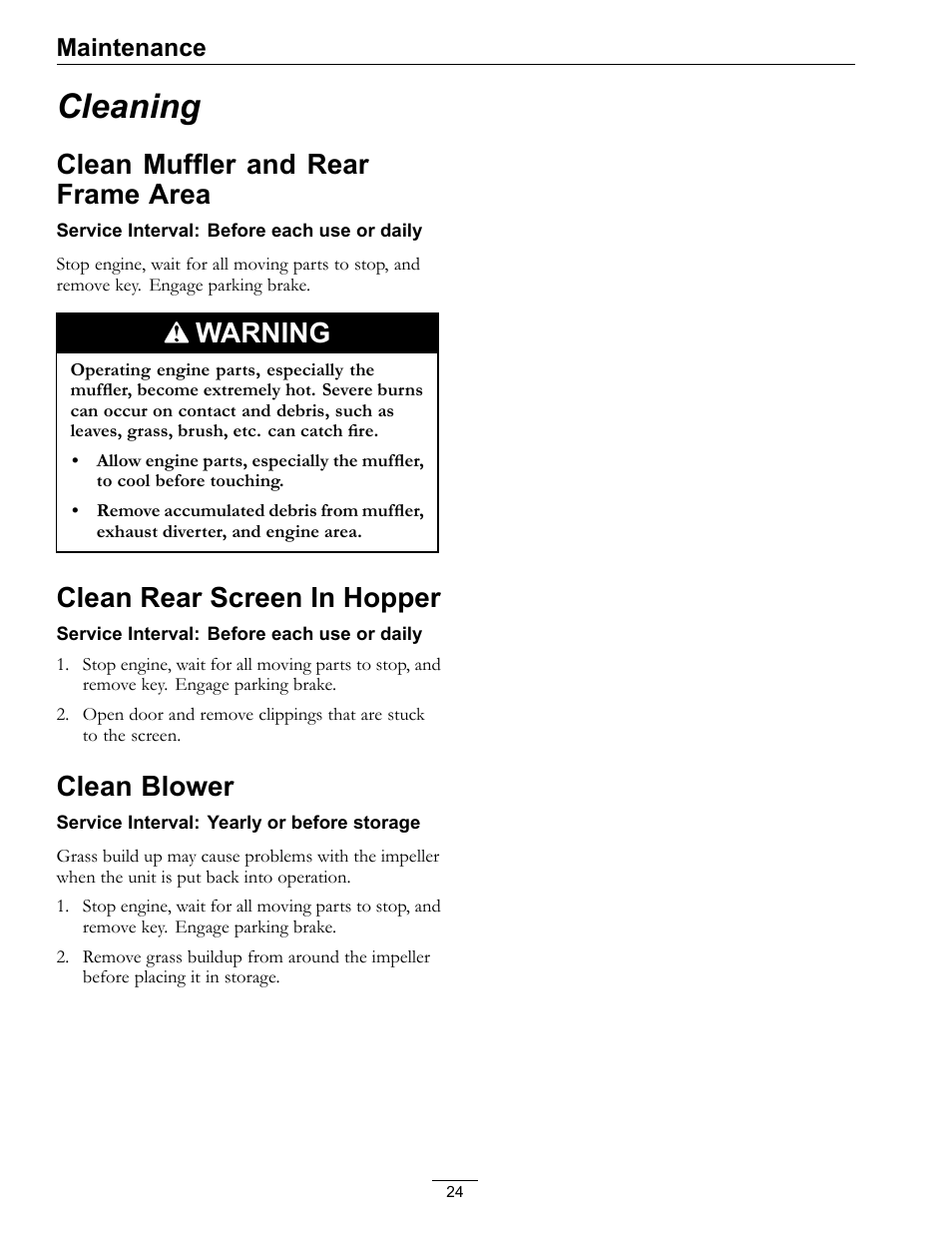 Cleaning, Clean muffler and rear frame area, Warning | Clean rear screen in hopper, Clean blower, Maintenance | Exmark Ultra Vac QDS 00 & Higher User Manual | Page 24 / 32