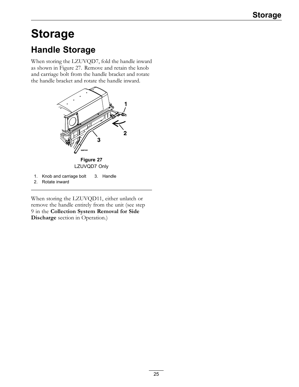 Storage, Handle storage | Exmark Ultra Vac QDS 00 & Higher User Manual | Page 25 / 32