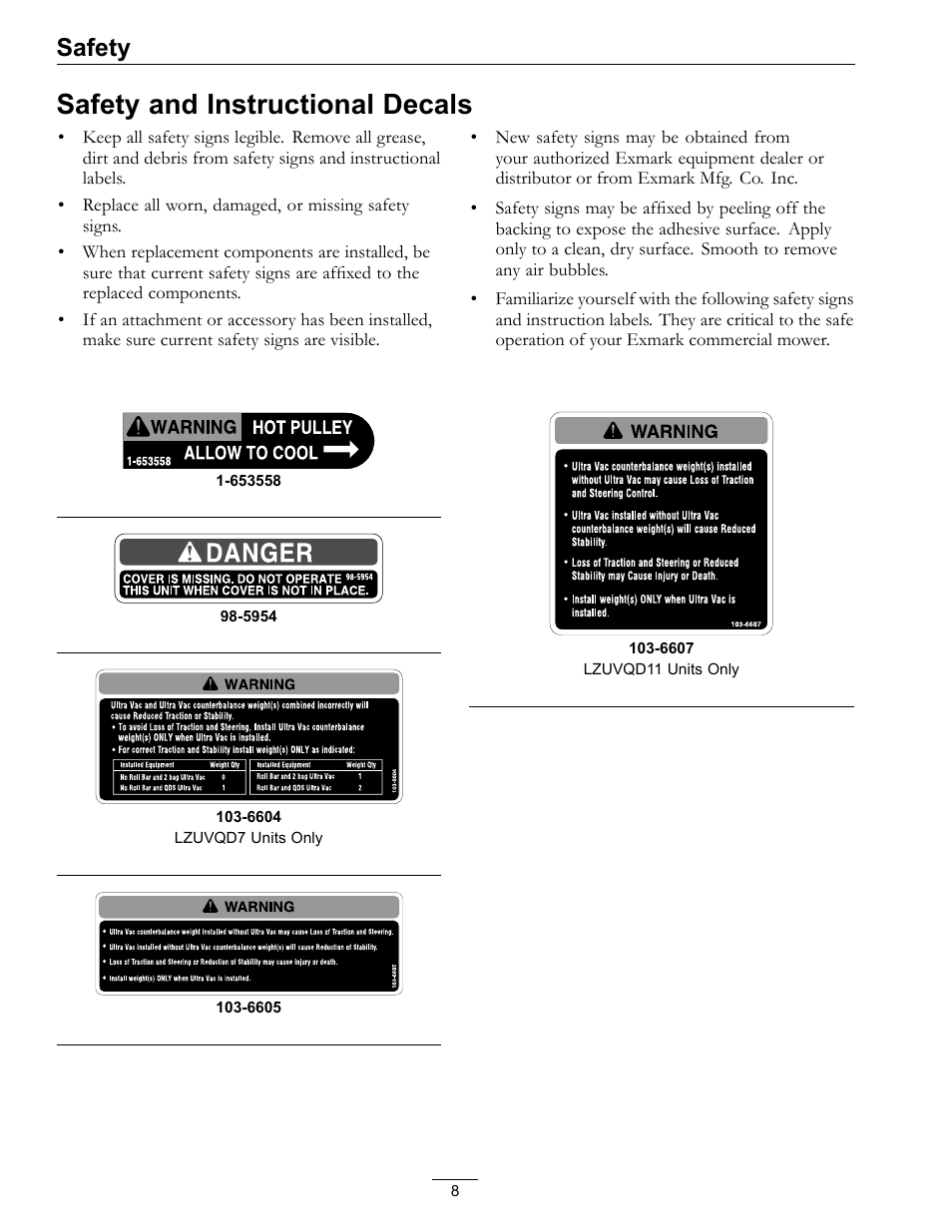 Safety and instructional decals, Safety | Exmark Ultra Vac QDS 00 & Higher User Manual | Page 8 / 32