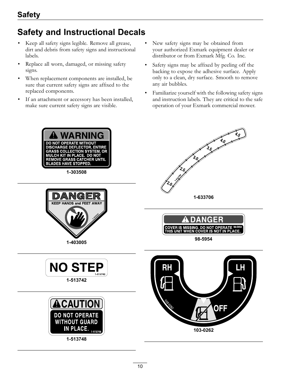 Safety and instructional decals, Safety | Exmark FrontRunner Air-Cooled User Manual | Page 10 / 48