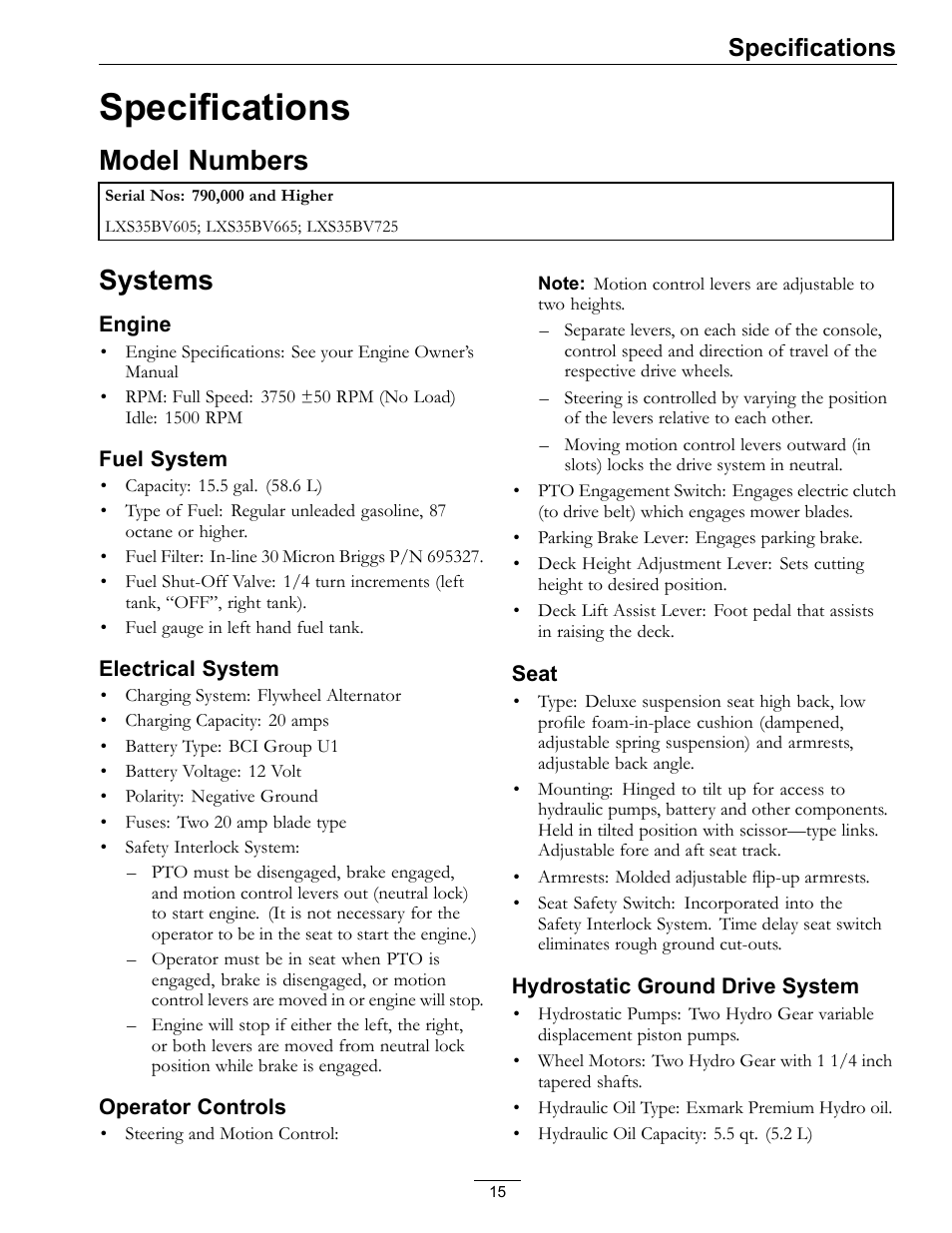 Specifications, Model numbers systems, Model numbers | Systems | Exmark FrontRunner Air-Cooled User Manual | Page 15 / 48