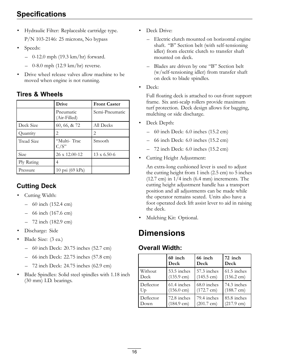 Dimensions, Specifications | Exmark FrontRunner Air-Cooled User Manual | Page 16 / 48