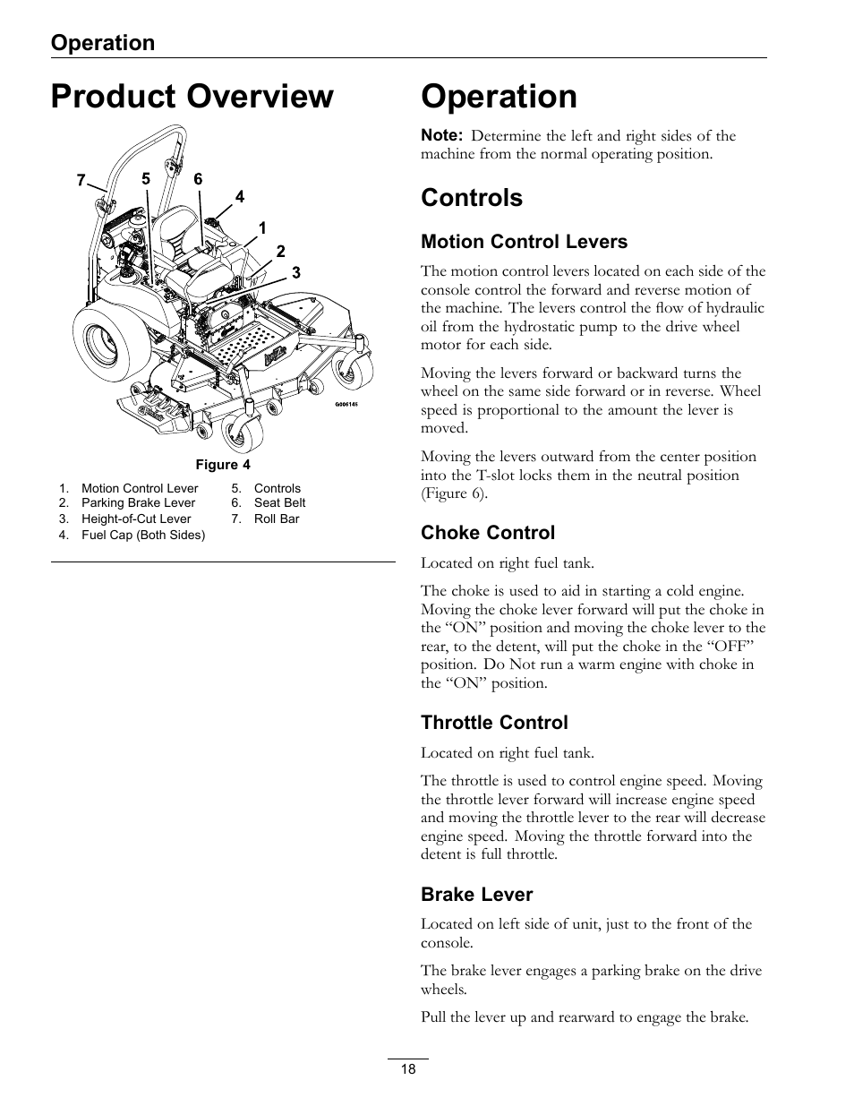 Product overview operation, Controls, Product overview | Operation | Exmark FrontRunner Air-Cooled User Manual | Page 18 / 48