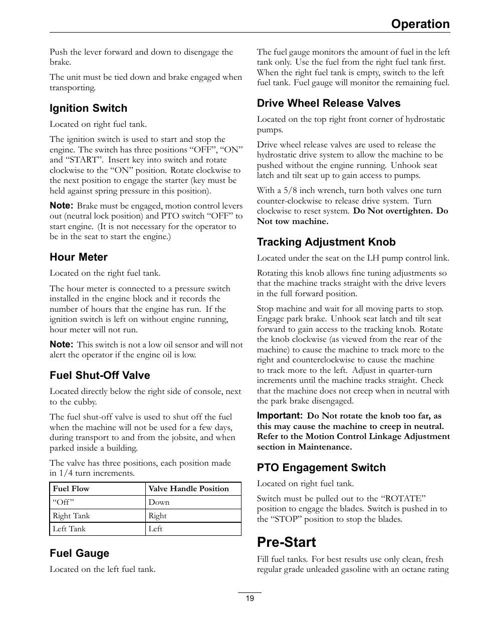 Pre-start, Operation | Exmark FrontRunner Air-Cooled User Manual | Page 19 / 48