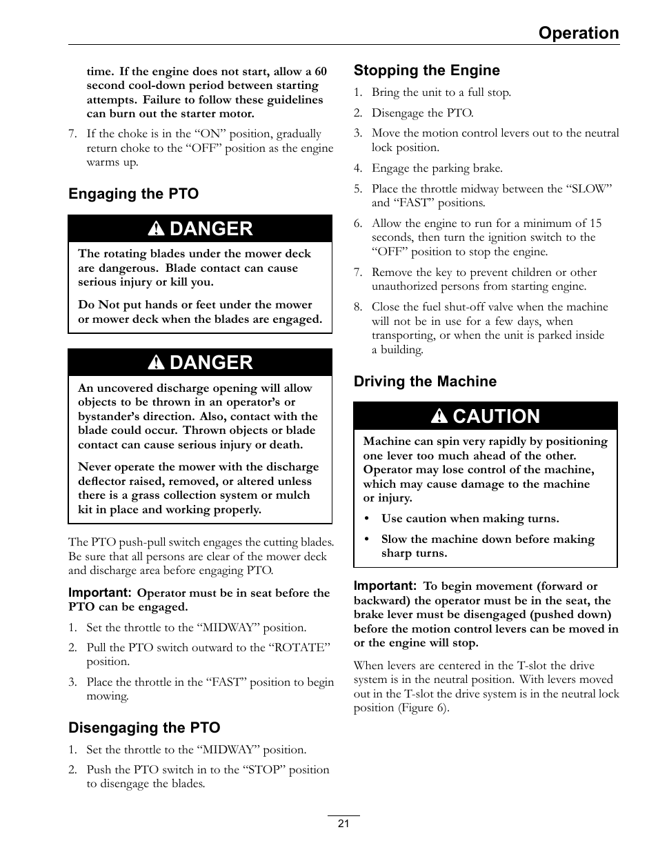 Danger, Caution, Operation | Exmark FrontRunner Air-Cooled User Manual | Page 21 / 48