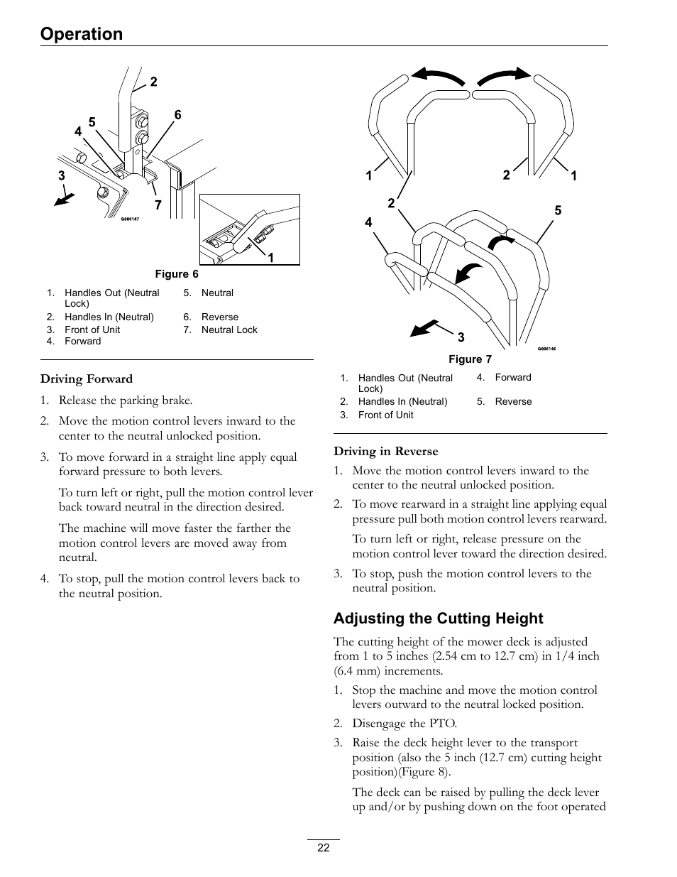 Operation, Adjusting the cutting height | Exmark FrontRunner Air-Cooled User Manual | Page 22 / 48