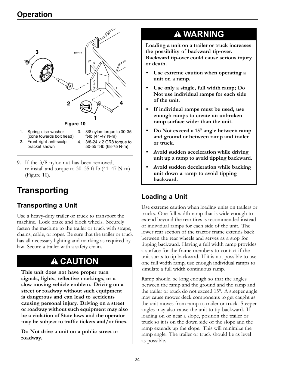 Transporting, Caution, Warning | Operation | Exmark FrontRunner Air-Cooled User Manual | Page 24 / 48